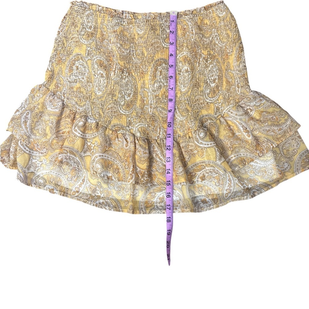 NSR Paisley Ruffle Mini Skirt Gold Cream Smocked Waist Flowy Style Size M - Picture 7 of 9